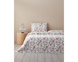 English Home - Sparkling Flowers Dekbedovertrekset - 100% katoen - Incl. Hoeslaken 100x200 - Eenpersoons 160 x 220 cm - Kussensloop- Roze -Groen kleur