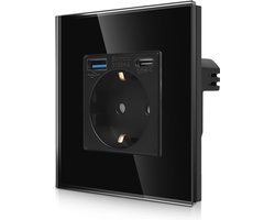 Enkel stopcontact met USB-poorten voor snel opladen - Schuko wandcontactdoos met glazen afwerking