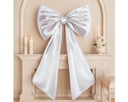 Enorme strikdecoratie, grote witte coquette strik als achtergronddecoratie voor bruiloften, bruiden, verjaardagen, meisjes en vrouwen, gigantische satijnen lintstrik, hangende cadeau-coquette wanddecoratie (interne stabiliteitslaag)