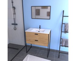 Ensemble meuble de salle de bain 80x45cm style industriel couleur chene naturel - vasque blanche