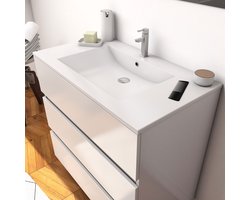 Ensemble Meuble de salle de bain blanc 80 cm sur pied 3 tiroirs + vasque ceramique blanche + miroir