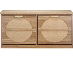 Entree Schoenenbank, 98.8 x 23.9 x 50 cm Opslagbank Met Omklapbare Laden, 199.6 kg Draagvermogen Schoenenorganizer Met Kussen, 4 Compartimenten en Weefstijl Deuren, voor Gang, Woonkamer, Slaapkamer