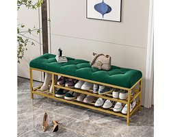 Entreebank met Opbergruimte - Schoenenbank Halbank - Schoenen Opbergen - Fluwelen Gestoffeerde Zitting - 80x30x46cm - Groen