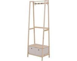 Entreekast garderobe kapstok met 4 haken en 2 laden - polyester lichtgrijs - 2 planken dennenhout