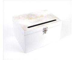 Enveloppendoos - HOUT, STEVIG en GROOT (300 x 220 x 180 mm) - enveloppendoos huwelijk - enveloppendoos bruiloft - enveloppenkist -enveloppendoos verjaardag - enveloppendoos wit - doos voor enveloppen - Goud/Wit Marmer