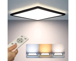 Epochaglo LED Plafondlamp Dimbaar met Afstandsbediening en Memory Functie – Ultra Plat Design met Achtergrondverlichting – 24W, 2400 Lumen – Vierkant 30 cm – Zwart – IP44