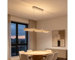 Epochglo Houten LED-Hanglamp met Afstandsbediening - 102 cm - 3 Lichtpunten - in Hoogte Verstelbaar tot 120 cm - 50 W 4250 lm - Dimbaar - 3000-6500 K - Nachtlampstand - Timer 30 min - voor Eettafel, Woonkamer en Slaapkamer