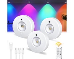 Epochglo Kastverlichting Draadloos 3 stuks - RGB LED Vitrineverlichting met Afstandsbediening - USB Oplaadbare Plaklampen - Dimbaar & Timer - Magnetische Spotjes voor Keuken, Kledingkast & Vitrine - Wit