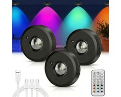 Epochglo Kastverlichting Draadloos 3 stuks - RGB LED Vitrineverlichting met Afstandsbediening - USB Oplaadbare Plaklampen - Dimbaar & Timer - Magnetische Spotjes voor Keuken, Kledingkast & Vitrine - Zwart