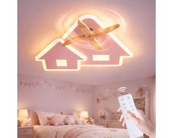 Epochglo LED Plafondlamp Kinderkamer - Roze Huis Design met Houten Windmolen (Draaibare Wieken) - 28W 2380LM - Dimbaar (3000K-6000K) - Afstandsbediening, Nachtlampje & Timer - Vrolijke Slaapkamerlamp voor Meisjes & Jongens