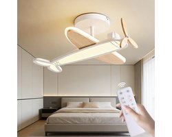 Epochglo LED Plafondlamp Kinderkamer - Vliegtuig Design (53cm) met Houten Propeller - Draaibare en Bewegende Propeller - 40W 3800LM - Dimbaar (3000K-6000K) - Afstandsbediening, Nachtlampje & Timer - Modern Verlichting voor Kinderkamer & Babykamer