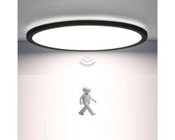 Epochglo LED Plafondlamp met Bewegingssensor - 18W, 1800 Lumen, Mikrogolf Sensor, 3 Werkmodi, Instelbare Schakeltijd (30s/120s/180s) - IP44 Waterdicht, Ultra Plat Design (Ø22cm) - voor Hal, Badkamer, Garage en Berging - Mat Zwart