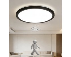 Epochglo LED Plafondlamp met Bewegingssensor - 18W, 1800 Lumen, Mikrogolf Sensor, 3 Werkmodi, Instelbare Schakeltijd (30s/120s/180s) - IP44 Waterdicht, Ultra Plat Design (Ø22cm) - Mat Zwart - Badkamerverlichting & Badkamerlamp