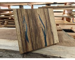 Epoxy tafel boomstam tafelblad - Riviertafel salontafel / bijzettafel - Limba (Fraké) hardhout - 40 x 37 cm - Goud groen blauw epoxy mix boomstamtafel