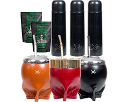 EquisMate - Triple Set - 3 Kalabassen - 3 Bombillas - 3 Thermosbekers - 1 kg Yerba Mate Thee - Goud - Zwart - Zilver