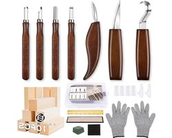 Equivera Houtsnijgereedschapsset 23-in-1 met snijmessen - houten blokken - snijbestendige handschoenen - slijpsteen - liniaal - opbergdoos - houtsnijset voor beginners houtsnij set