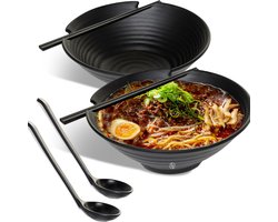 Equivera oliebollenschaal - Jaarwisseling - Japanse Ramen Bowl Set van 2 - Elegante 1000ml Ramen Bowls - Vaatwasmachinebestendig - Duurzame Plastic Noodle Bowl Set voor Soep-, Salade-, Rijst- en Pastagerechten - met bijpassende lepels en eetstokjes