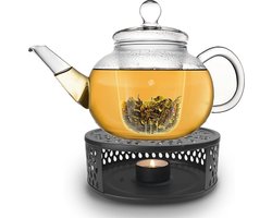 "Equivera Theepot Met Warmhouder - Glazen Theepot 1.2 L - Zwarte RVS Stoof - Met Glazen Theezeef en Deksel - Ideaal voor Losse Thee - 100% Druppelvrij "