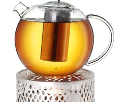 Equivera Theepot Met Warmhouder - Glazen Theepot 1.5 L Jumbo - RVS Stoof - 3-delig - Geïntegreerde RVS Theezeef en Glazen Deksel - Ideaal voor Losse Thee