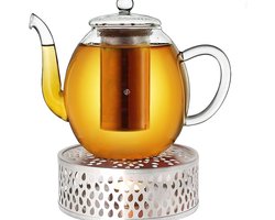 "Equivera Theepot Met Warmhouder - Glazen Theepot 1.5 L - RVS Stoof - 3-delig - Geïntegreerde RVS Theezeef en Glazen Deksel - Ideaal voor Losse Thee - Druppelvrij "
