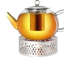"Equivera Theepot Met Warmhouder - Glazen Theepot 1.6 L - RVS Stoof - 3-delig - Geïntegreerde RVS Theezeef en Glazen Deksel - Ideaal voor Losse Thee - Druppelvrij "