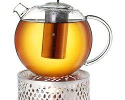 "Equivera Theepot Met Warmhouder - Glazen Theepot 2.0 L Jumbo - RVS Stoof - 3-delig - Geïntegreerde RVS Theezeef en Glazen Deksel - Ideaal voor Losse Thee "