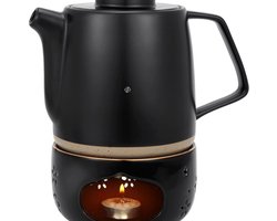 "Equivera Theepot Met Warmhouder - Keramische Theepot met Zeef en Stoof - 850 ml - Theepot met Verwijderbare Theezeef - Porselein Zwart "