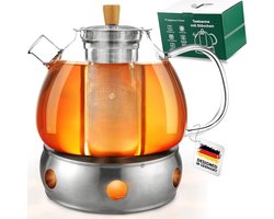 "Equivera Theepot Met Warmhouder - Theepot 1.5 L met Stoof voor Losse Thee en Theezakken - Glazen Theepot - Druppelvrij - Groot - 3-delige RVS Theezeef - Theekop RVS - Krastbestendig - Geschikt voor Iedereen "