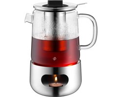 "Equivera Theepot Met Warmhouder - Theepot met 3-delige Cromargan RVS Glazen Kan 1.3 L met Zeef en Stoof - Vaatwasserbestendig "