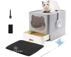 Equivera Volledig gesloten kattentoilet - deksel ladetype - deodoriserende - kattenbak groot - opvouwbare kattentoilet - kunststof schep - katten van alle leeftijden Kittenbak