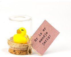 Er is er eendje jarig! Met dit schattige eendje in een glazen stolp circa 6 cm hoog is het extra leuk om deze lieve boodschap over te brengen. De glanzen stolp is aan de onderkant afgesloten met kurk. Voor uzelf of Bestel Een Kado.