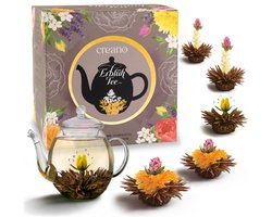 ErblühTee cadeauset in modern bloemendesign met glazen theepot, zwarte thee (6 theerozen / 3 soorten)