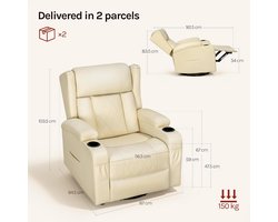ErgoLux 360° Draaibare Relaxfauteuil met Ligfunctie, Verstelbare Rugleuning, Voetensteun, Bekerhouders en Opbergvakken – PU Leer, 94,5 x 87 x 103,5 cm – Beige (Mobili Bella)