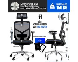 ErgoMaster Pro+ Ergonomische Bureaustoel – Testwinnaar – 3D Armleuningen – Verstelbare Lendensteun & Hoofdsteun – Ademend Mesh – Stil Wielen – 150 kg Draagkracht – Luxe Bureaustoel voor Thuis & Kantoor – Zwart Alta
