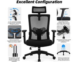 ErgoMax Pro+ Bureaustoel – Ergonomische Bureaustoel met Verstelbare Hoofdsteun, Armleuningen en Lendensteun – Ademend Mesh – Kantelfunctie – 150 kg Draagvermogen – Zwarte Ergonomische Kantoorstoel Alta