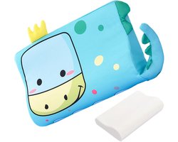 Ergonomisch Kinderkussen met Schattig Diermotief - Ademend & Hypoallergeen Peuterkussen - 100% Puur Katoen en Linnen - Ideaal voor Kleuterschool, Thuis & Reizen - Blauw/Grijs