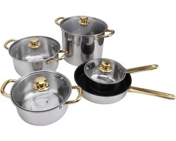Ergonomisch Roestvrijstalen Kookgerei - Keukenaccessoires - Multifunctioneel - Gouden Handgrepen - Glazen Deksel - Potten en Pannen - Geschikt voor Allerlei Gerechten - Zilver