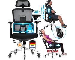 Ergonomische Bureaustoel 200 kg Draagvermogen, Stille Rubberen Wielen, 4D Verstelbare Armleuningen, Comfortabele Kantoorstoel, Upgrade Zwart