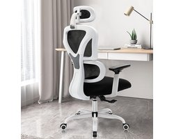 Ergonomische Bureaustoel – Bureaustoel Office Chair – Directiestoel – Werkstoel – Thuiswerk Stoel – Verstelbare Hoofdsteun – Ademend Meshmateriaal – Wit