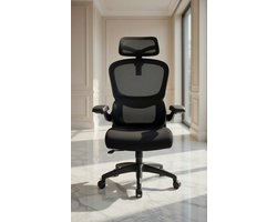 Ergonomische Bureaustoel Casa Serena - Verstelbare Managerstoel met Hoofdsteun, Lendensteun en Opvouwbare Fauteuils - Kantelbaar tot 135° - Zwart - Comfortabele Mesh & Schuim - Vakbekwaam tot 150 kg