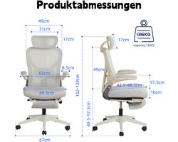 Ergonomische Bureaustoel - Klapbaar Design - Met 3D Hoofdsteun, Lendensteun En Kantelfunctie - Voor Werk, Studie En Gamen - Mesh Grijs