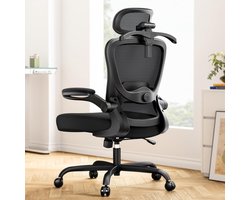 Ergonomische Bureaustoel met 3D Hoofdsteun, Verstelbare Lendensteun, Flip-Up Armleuningen, Dikke Foam Zitting, Verstelbare Hoogte & Rocker Functie – Comfortabele Werkstoel voor Kantoor & Thuis – Deep Black – 50.8D x 50W x 127H cm