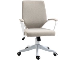 Ergonomische Bureaustoel met Armleuningen, Verstelbare Draaistoel met Wipfunctie, Linnen Look, Gevuld, Beige/Wit