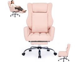 Ergonomische bureaustoel met kruisrugleuning en wielen - Comfortabel bureau en stoel - Met opklapbare armleuningen - Met wielen - Bureau en stoel met hoge rugleuning voor thuiswerk - Lendensteun - Met leer beklede computerstoel - Roze