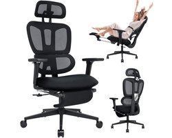 Ergonomische bureaustoel met mesh bekleding en uitschuifbare voetensteun - Hoge bureaustoel met dubbele rugleuning, lendensteun, 2D-hoofdsteun en sponszitting, bureaustoel voor volwassenen