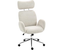 Ergonomische Bureaustoel met Verstelbare Hoofdsteun – Hoogte Verstelbaar – Kantelfunctie – Bouclé Stof – 360° Draaibaar – Lichtgrijs / Wit
