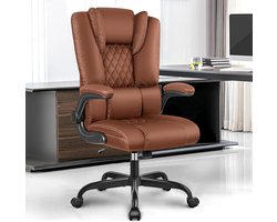 Ergonomische Bureaustoel Met Verstelbare Rug En Inklapbare Armleuningen – Luxe Comfort Met Lendensteun- 360° Draaibaar – Hoge Rugleuning – Bruin