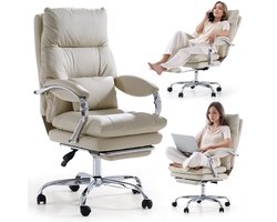 Ergonomische Bureaustoel met Voetensteun en Armleuningen - Comfortabele Gamingstoel van PU-leer in Beige