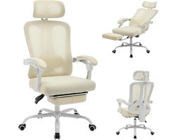 Ergonomische Bureaustoel met Voetensteun - Verstelbare Lendensteun & Hoofdsteun - Mesh Rugleuning - Gaming Stoel - Comfortabele Thuiswerkplek - beige