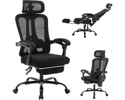 Ergonomische Bureaustoel met Voetensteun - Verstelbare Lendensteun & Hoofdsteun - Mesh Rugleuning - Gaming Stoel - Comfortabele Thuiswerkplek - Zwart